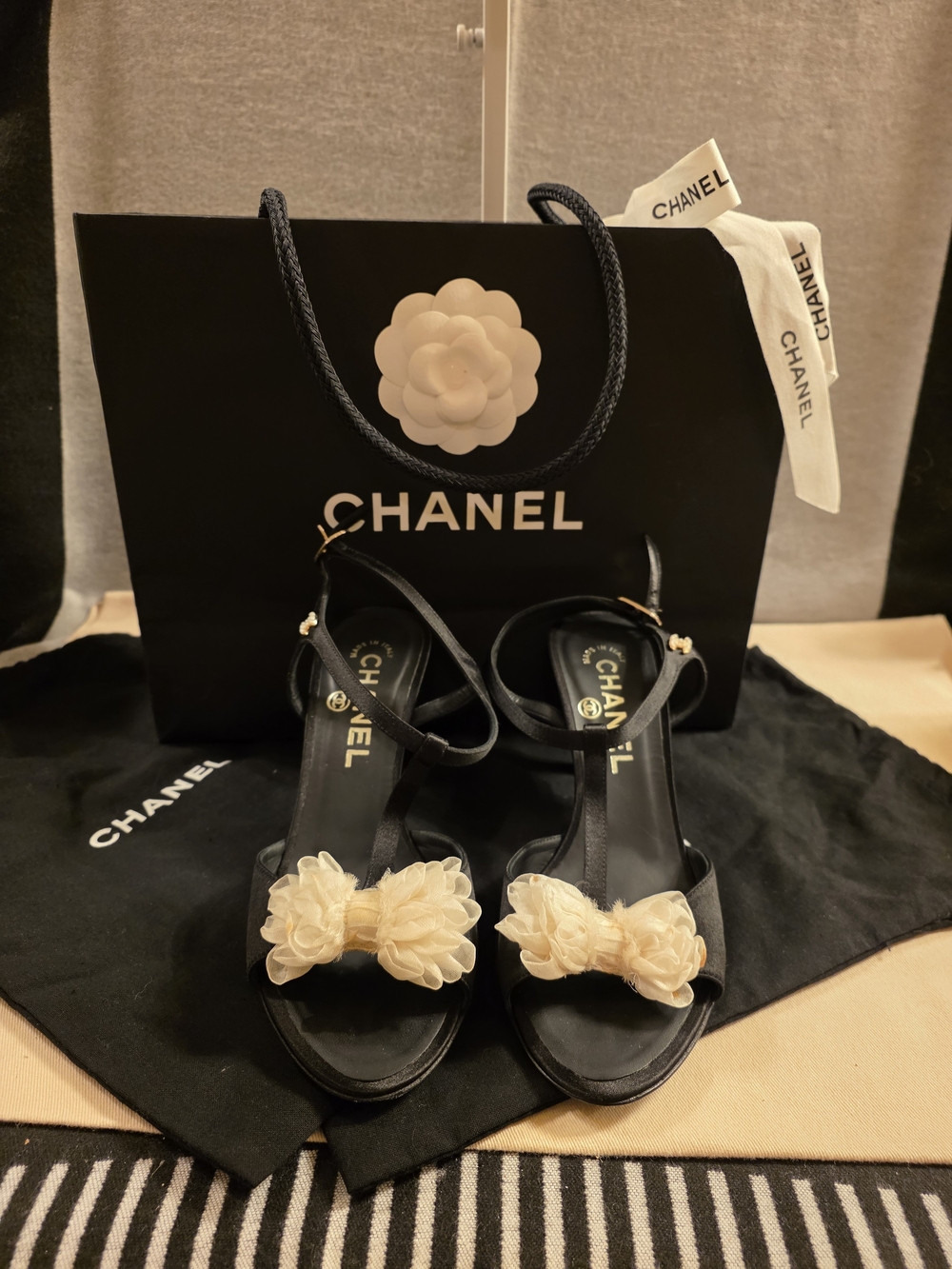 CHANEL Black Fabric Heeled Sandals with Cream Floral Bows